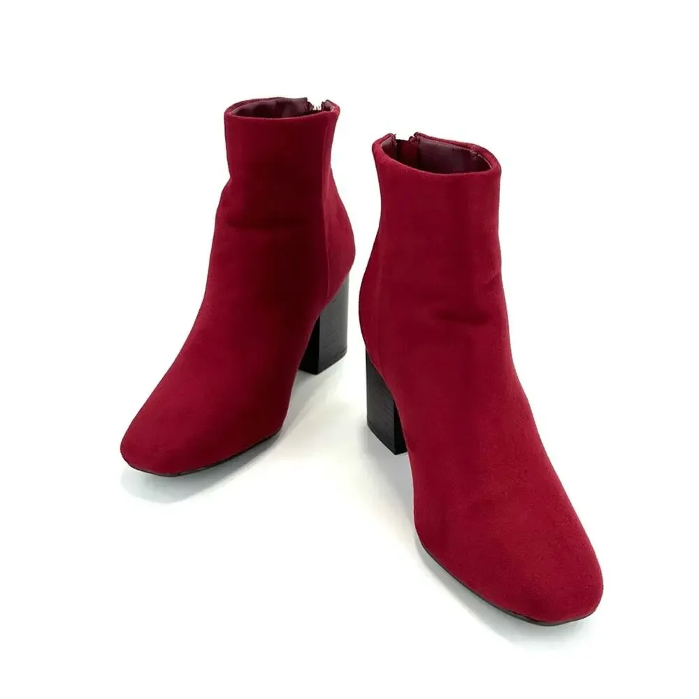 Journee Collection Red Block Heel Ankle Boot Size 7.5 Faux Suede Round Toe New